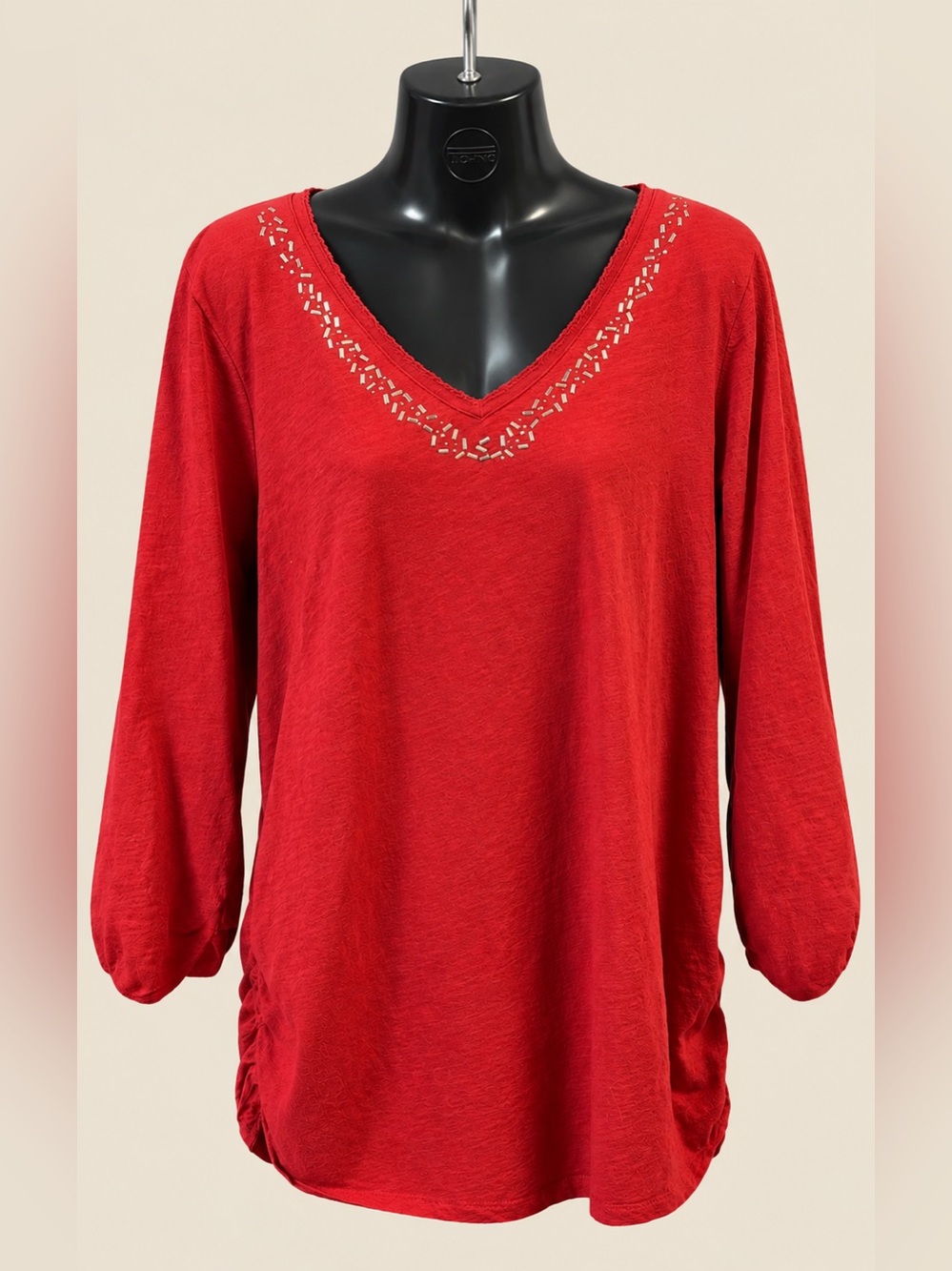 Lane Bryant Red V-Neck Long Sleeve Tee with Neckline Accents